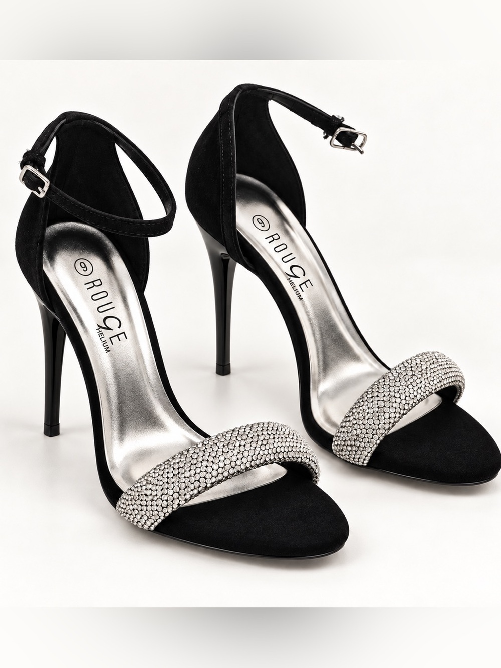 Rouge Helium Showy 32 Black Rhinestone Stiletto Heels Sandals Size 9 NWOB